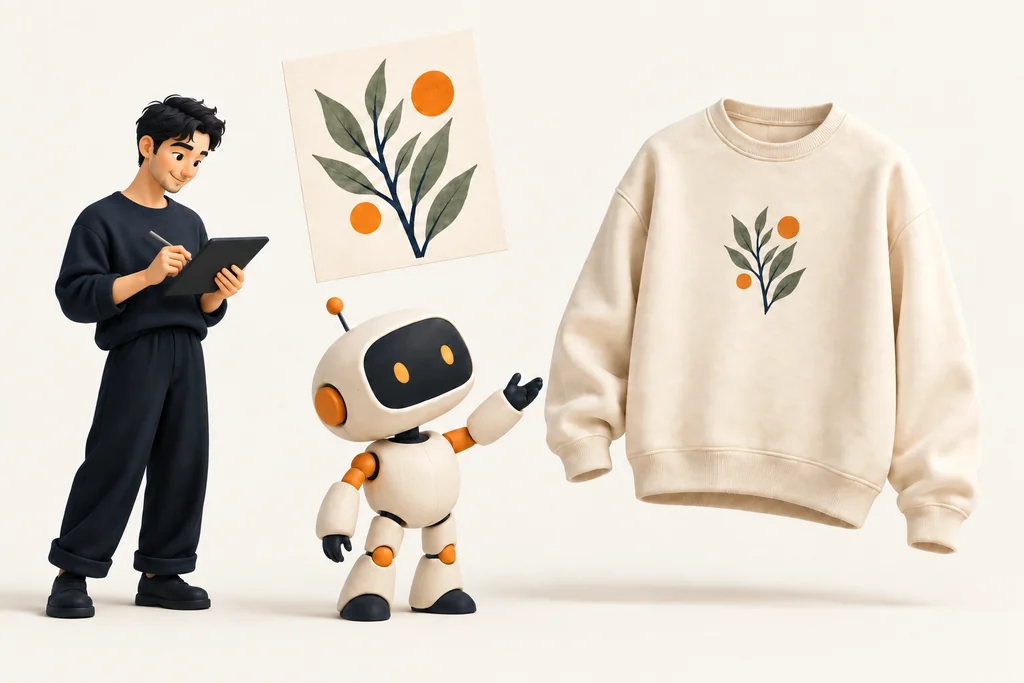 Illustration: Ein Mann entwickelt mit einem kleinen cremefarbenen Roboter ein botanisches Motiv für ein Sweatshirt.